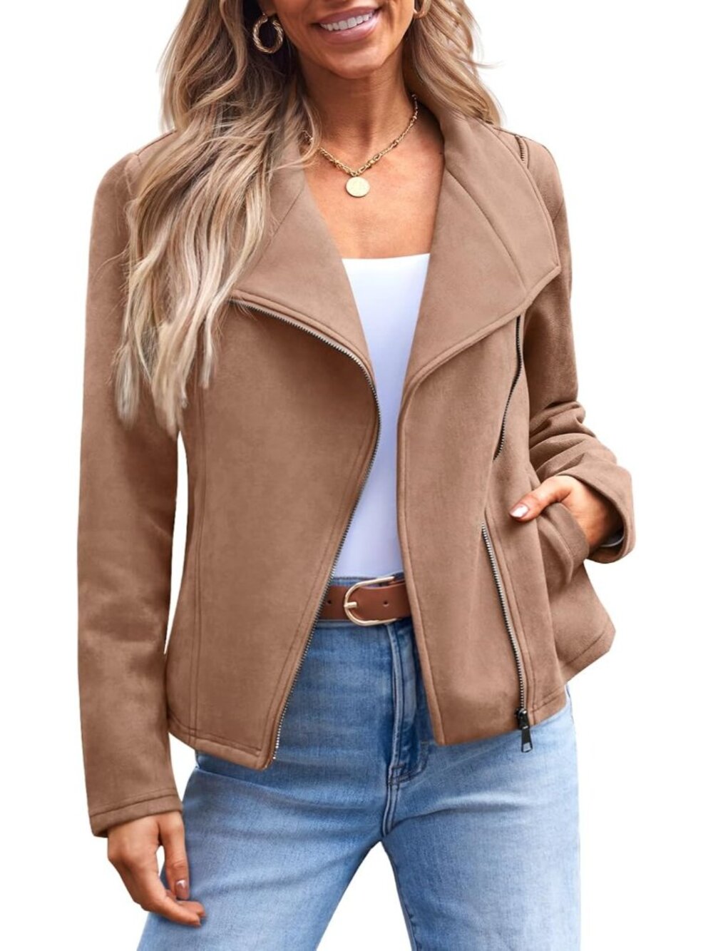 Women's Camel Faux Suede Leather Lightweight Fall Jackets Versatile Jackets